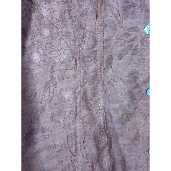 Chicos Button Up 2 Large Brown Sheer Abstract Linen Blend Jacket - Picture 8 of 13